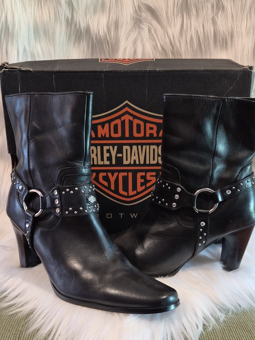 Harley-Davidson Black Leather Studded Harness Mid-Calf Boots
